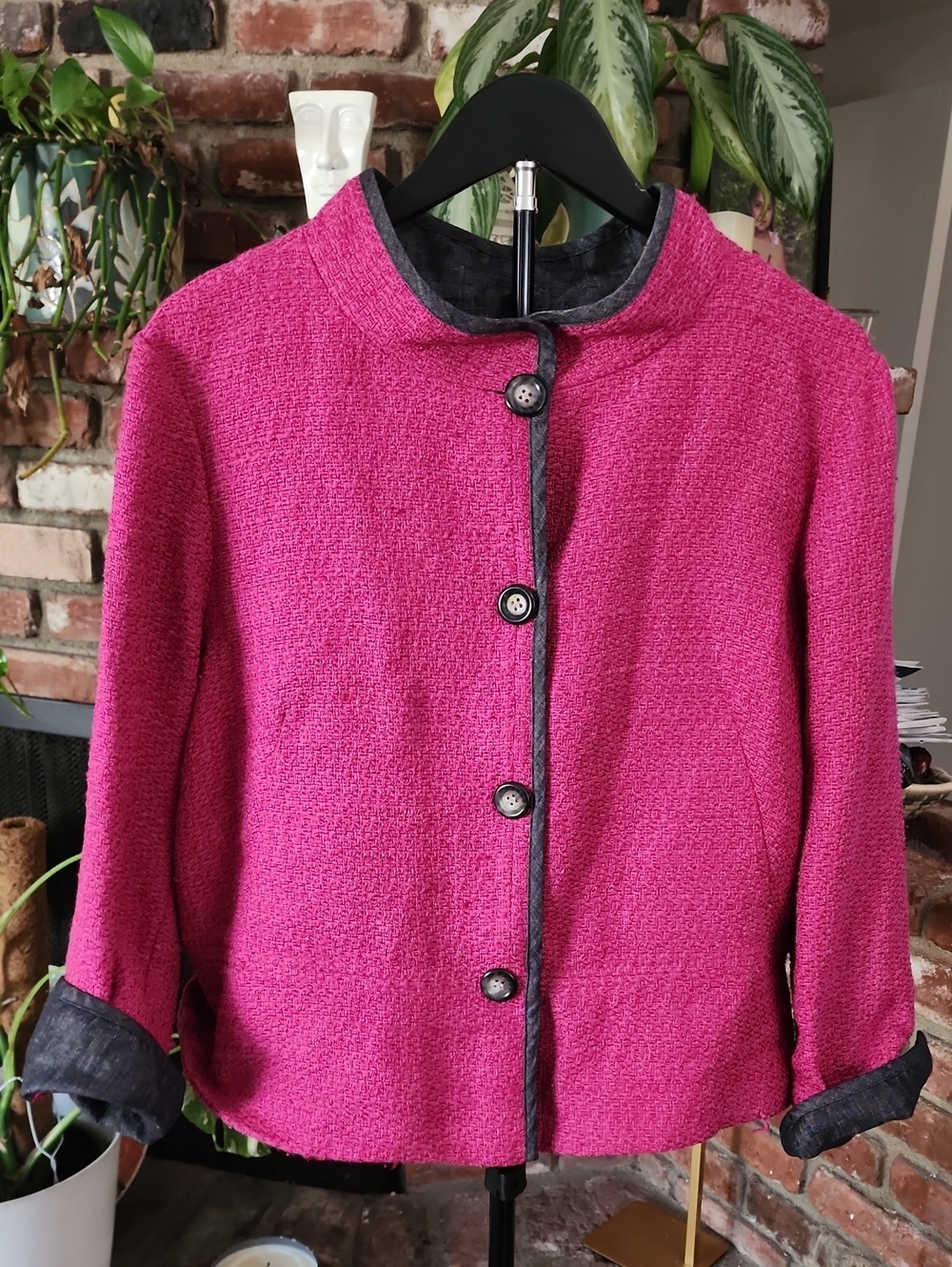 Pendleton Maroon Textured Wool Blend Jacket Black Trim Button Front